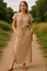 S-Mall Bürümcük Müslin Kadın Elbise- Bağlamalı - Cepli - Camel