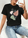 Portrait & Flower Baskılı Oversize Tshirt