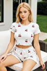 Bicomi Beyaz Üstüne Kiraz Desenli Şortlu Pijama Takımı