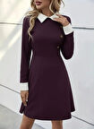 Kadın Uzun Kollu Yakalı Düğmeli Mürdüm Modal Mini Elbise