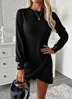 Kadın Uzun Kollu Bisiklet Yaka önden Asimetrik Kesim Detaylı Mini Yumoş Elbise