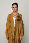 Kadın Gül Detaylı Düz Renk Oversize Kesim Kimono