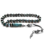 925 Ayar Gümüş İşlemeli Şans Tüyü Püskül Firuze Taşlı Oltu Tesbih