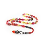 1000 Ayar Gümüş Kazaz Püsküllü Kırmızı Hareli Sıkma Kehribar Tesbih