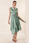 Kruvaze Yaka Bağcıklı Saten Elbise Mint