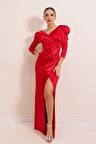 Kruvaze Yaka Yanı Büzgülü Astarlı Uzun Saten Elbise Kırmızı