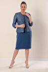 Yaka Taşlı Astarlı Krep Uzun Elbise Pulpayet Ceket Büyük Beden İkili Takım İNDİGO
