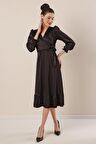 Kruvaze Yaka Beli Bağcıklı Astarlı Saten Elbise Siyah