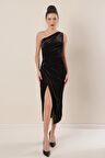 Tek omuz Önü Büzgülü Kadife Elbise Siyah