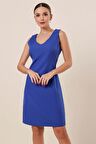 V Yaka Klasik Kısa Krep Elbise Saks
