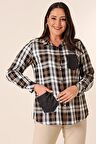 Metal Düğmeli Deri Detaylı Çift Cepli Kol Katlamalı Ekose Büyük Beden Gömlek