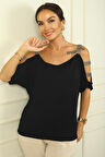 Kolu Taş Şerit Dekolteli Rahat Kalıp Bluz