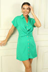 Kadın Önü Düğmeli Düğüm Detaylı Bel Lastikli Lyocell Pamuk Kısa Elbise