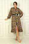 Kadın Gömlek Yaka Uzun Kol Önü Düğmeli Leopar Desenli Kemerli Elbise