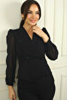Kadın Kruvaze Yaka Astarlı Kolları Şifon Boncuk Detaylı Krep Ceket