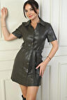 Kadın Önü Düğmeli Beli Kuşaklı İçi Şardonlu Deri Kısa Elbise