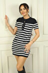 Kadın Önü Düğme Detaylı Çizgili Yumoş Kısa Elbise