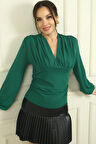 Kadın V Yaka Büzgülü Kol Uçları Lastikli Likralı Bluz