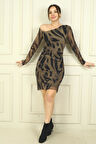 Kadın Asimetrik Yaka Astarlı Fırça Desen Leopar Desenli Kısa Tül Elbise