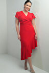 Kadın Kruvaze Yaka Önü Drapeli Astarlı Eteği Volanlı Büyük Beden Krep Elbise