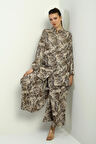 Kadın Yanları Yırtmaçlı Tunik Gömlek Beli Lastikli Cepli Palazzo Pantolon Yaprak Desenli Oversize 2'li Takım