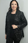 Kadın Pullu Tül Ceket Likralı Uzun Kol Bluz Büyük Beden 2'li Takım