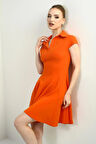 Kadın Polo Yaka Ay Kollu Likralı Kloş Kısa Elbise