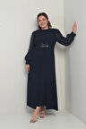 Kadın Kolu Ve Önü Pullu Büyük Beden Uzun Tesettür Elbise
