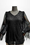 Kadın V Yaka Kolları Organze Pulpayet Büyük Beden Bluz