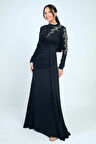 Taş İşlemeli Önü Büzgülü Astarlı Krep Saten Tesettür Elbise
