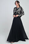 Kadın Çiçekli Kemer Detaylı Üstü Pullu Astarlı Şifon Uzun Elbise