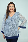 Kadın V Yaka Desenli Büyük Beden Şifon Bluz