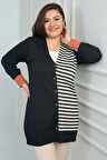 KadınTek Tarafı Enine Çizgili Büyük Beden Uzun Hırka