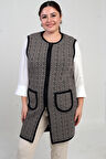 Kadın Önü Fermuarlı Cepli Desenli Büyük Beden Uzun Triko Yelek