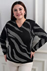 V Yaka Simli Zebra Desen Büyük Beden Bluz