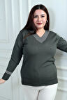 Kadın V Yaka Sim Detaylı Büyük Beden Bluz
