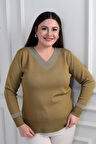 Kadın V Yaka Sim Detaylı Büyük Beden Bluz