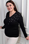 Kadın V Yaka Büyük Beden Taşlı Triko Bluz