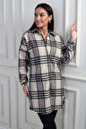 Kadın Yanları Yırtmaçlı Ekose Uzun Gömlek