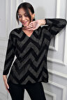 Kadın V Yaka Zikzak Desenli Geniş Beden Aralıklı Simli Bluz