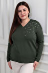 Kadın V Yaka Büyük Beden Taşlı Triko Bluz