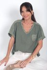 Kadın İtalyan Keten Zınmbalı V Yaka Tek Cepli Omuzlar Nakış İşlemeli Oversize Cotton Bluz