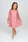 Kız Çocuk Yaka ve Kolları Tüllü Elbise 12161