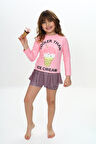 Kız Çocuk Şort Etekli Uzun Kollu Mayo Takımı 3-10 Yaş 12228