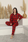 Kadın Pijama Takımı-Ekose Desenli - Pat Yakalı-Düğmeli 12285