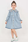Kız Çocuk Yaka Detaylı ve Boydan Düğmeli Jean Elbise 12339