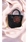 El Yapımı Parlak Siyah Gül Desenli El ve Omuz Çantası
