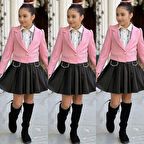 uğurböceğiçocuk Deri Kloş Etekli Dabıl Ceket 4'lü Kız Çocuk Takım