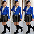 uğurböceğiçocuk Deri Kloş Etekli Dabıl Ceket 4'lü Kız Çocuk Takım