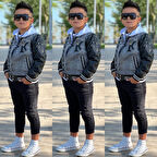 uğurböceğiçocuk Kolları Deri Detay Kolej Ceket Sweat 3'lü Erkek Çocuk Takım